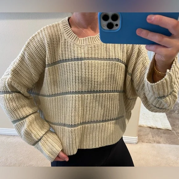 Striped Cream and Gray Women's Sweater - Picture 1 of 1